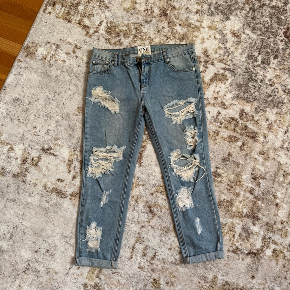 One Teaspoon Distressed Blue Boyfriend Jeans